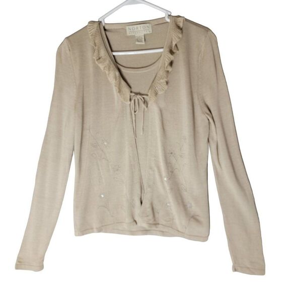 Norton McNaughton Silk Embroidered Sweater Sequin Beige With Cami Ruffle Tie S - Picture 1 of 10